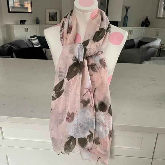 Floral Print 100% Polyester Scarf/Wrap in Blush Pink White & Green Sz OS - Picture 1 of 12